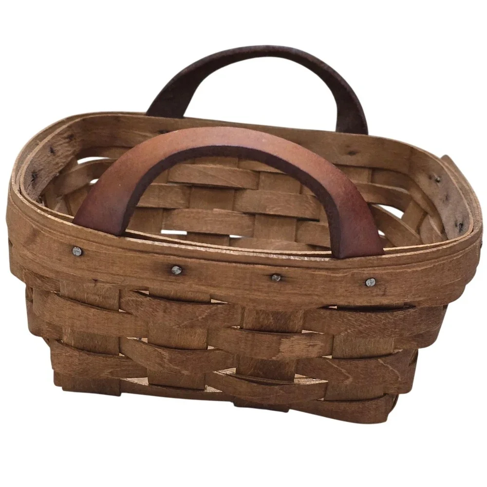 Woven Wood Basket‎ with Leather Handles Rustic Farmhouse Decor Square Vintage